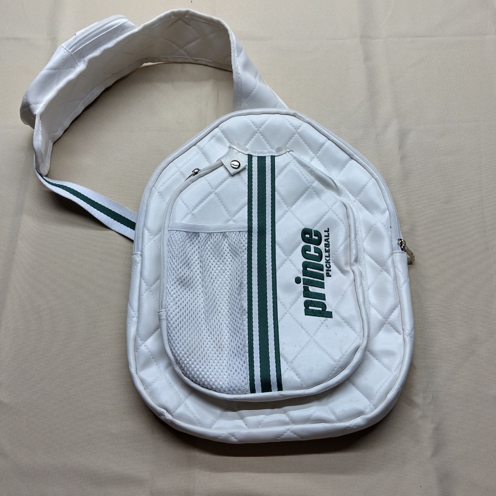 Prince Pickleball Quilted Sling Bag White Green Faux Leather Crossbody Backpack